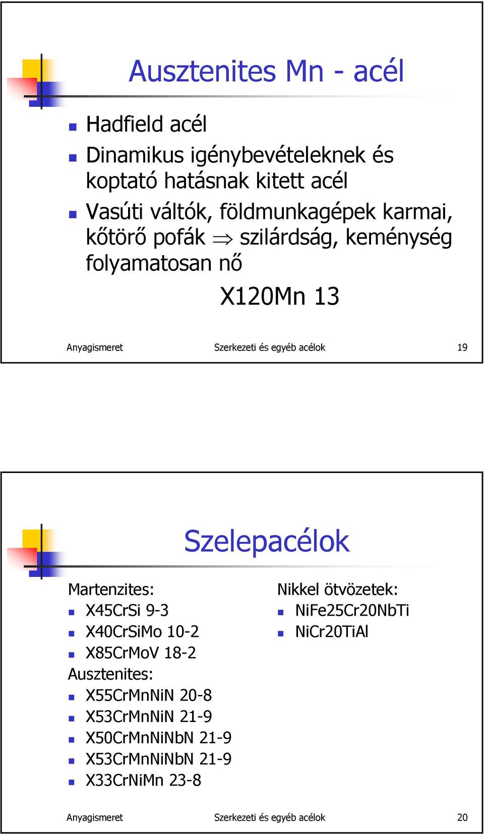 acélok 19 Szelepacélok Martenzites: X45CrSi 9-3 X40CrSiMo 10-2 X85CrMoV 18-2 Ausztenites: X55CrMnNiN 20-8 X53CrMnNiN 21-9