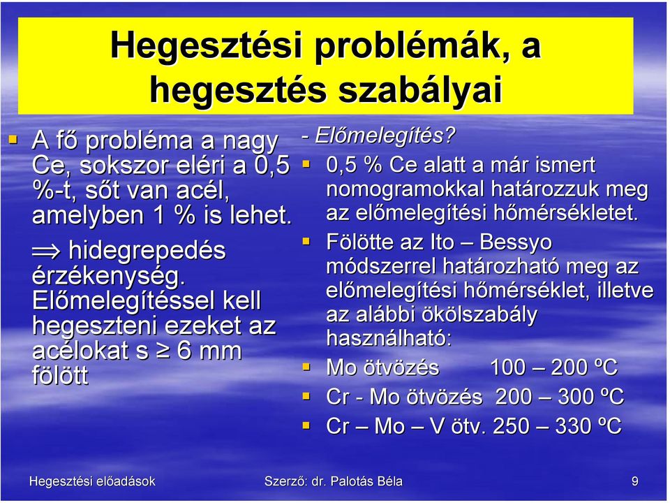 0,5 % Ce alatt a már ismert nomogramokkal határozzuk meg az előmelegítési hőmérsékletet.