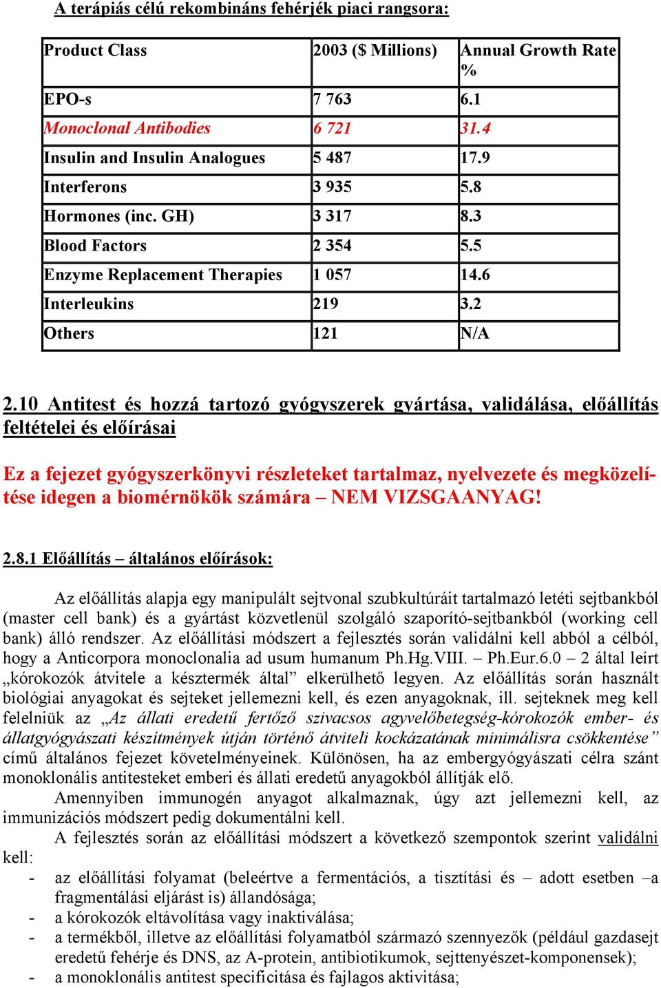 10 Antitest és hozzá tartozó gyógyszerek gyártása, validálása, előállítás feltételei és előírásai Ez a fejezet gyógyszerkönyvi részleteket tartalmaz, nyelvezete és megközelítése idegen a biomérnökök