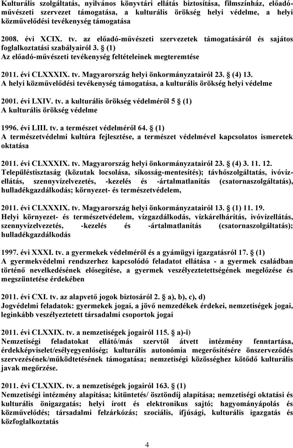 (4) 13. A helyi közművelődési tevékenység támogatása, a kulturális örökség helyi védelme 2001. évi LXIV. tv. a kulturális örökség védelméről 5 (1) A kulturális örökség védelme 1996. évi LIII. tv. a természet védelméről 64.