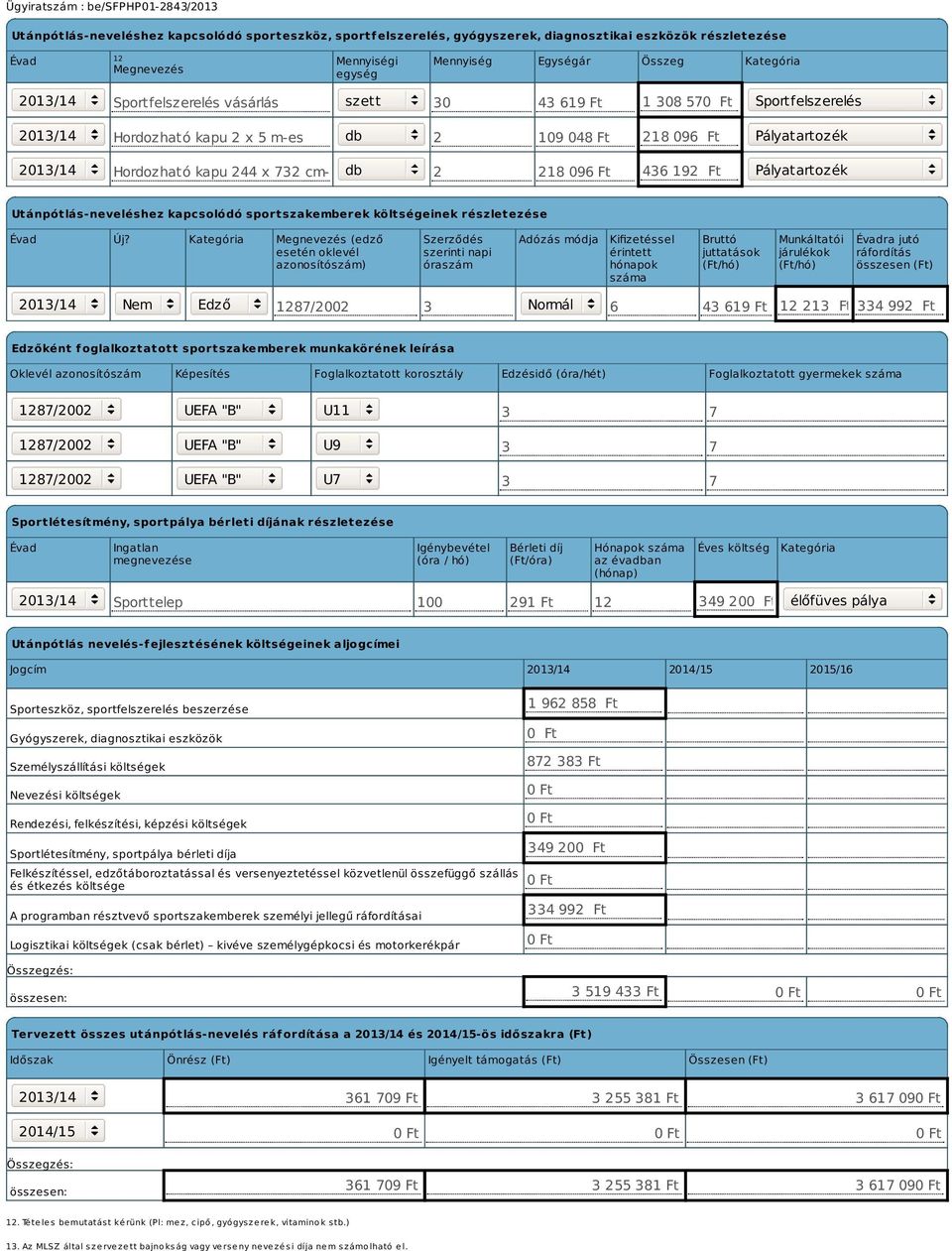 096 Ft 436 192 Ft Pályatartozék Utánpótlás-neveléshez kapcsolódó sportszakemberek költségeinek részletezése Évad Új?