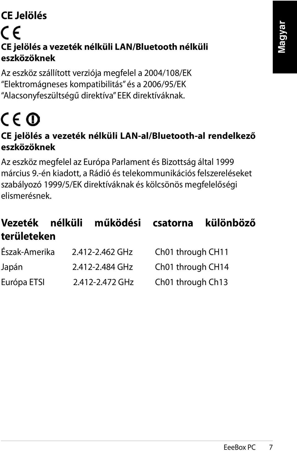 CE jelölés a vezeték nélküli LAN-al/Bluetooth-al rendelkező eszközöknek Az eszköz megfelel az Európa Parlament és Bizottság által 1999 március 9.