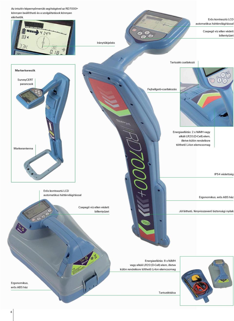 Energiaellátás: 2 x NiMH vagy alkáli LR20 (D-Cell) elem, illetve külön rendelésre tölthetô Li-Ion elemcsomag Markerantenna IP54 védettség Erôs kontrasztú LCD automatikus