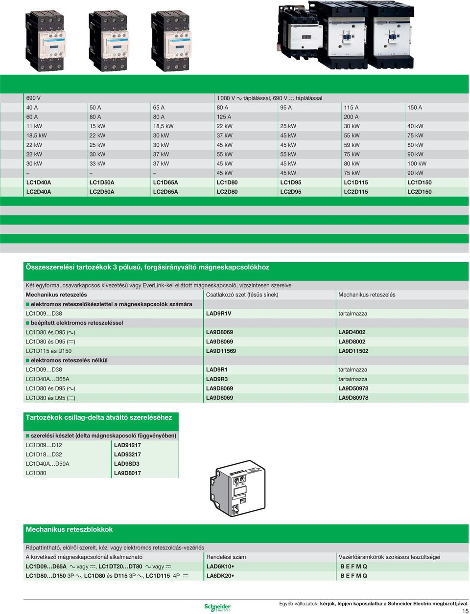LC2D40A LC2DA LC2D65A LC2D80 LC2D95 LC2D115 LC2D1 Összeszerelési tartozékok 3 pólusú, forgásirányváltó mágneskapcsolókhoz Két egyforma, csavarkapcsos kivezetésű vagy EverLink-kel ellátott