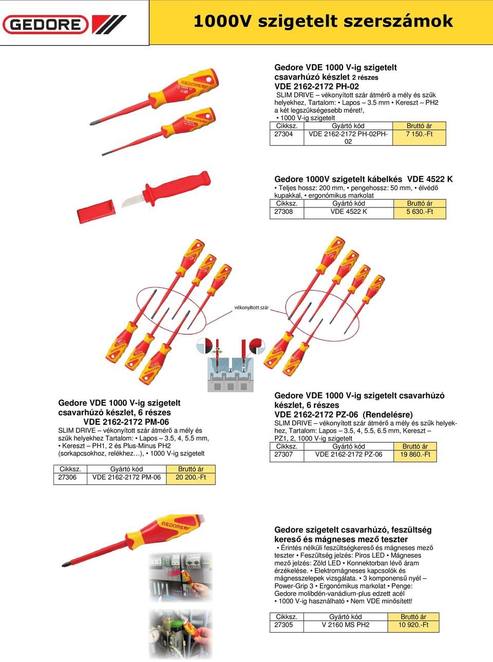 -Ft 02 Gedore 1000V szigetelt kábelkés VDE 4522 K Teljes hossz: 200 mm, pengehossz: 50 mm, élvédő kupakkal, ergonómikus markolat 27308 VDE 4522 K 5 630.