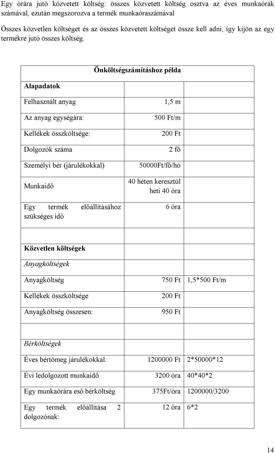 Alapadatok Önköltségszámításhoz példa Felhasznált anyag Az anyag egységára: Kellékek összköltsége: Dolgozók száma Személyi bér (járulékokkal) Munkaidő Egy termék előállításához szükséges idő 1,5 m