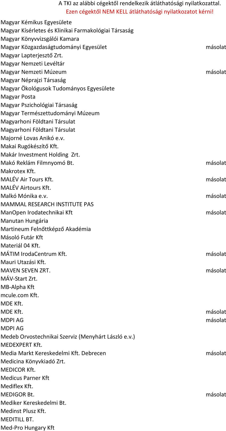 Földtani Társulat Magyarhoni Földtani Társulat Majorné Lovas Anikó e.v. Makai Rugókészítő Kft. Makár Investment Holding Zrt. Makó Reklám Filmnyomó Bt. Makrotex Kft. MALÉV Air Tours Kft.