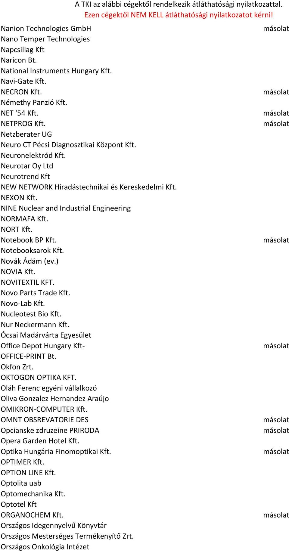 NINE Nuclear and Industrial Engineering NORMAFA Kft. NORT Kft. Notebook BP Kft. Notebooksarok Kft. Novák Ádám (ev.) NOVIA Kft. NOVITEXTIL KFT. Novo Parts Trade Kft. Novo-Lab Kft. Nucleotest Bio Kft.