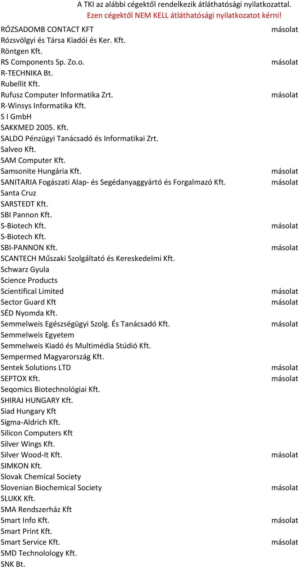 Santa Cruz SARSTEDT Kft. SBI Pannon Kft. S-Biotech Kft. S-Biotech Kft. SBI-PANNON Kft. SCANTECH Műszaki Szolgáltató és Kereskedelmi Kft.