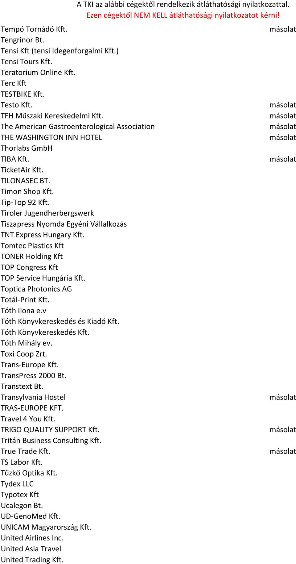 Tiroler Jugendherbergswerk Tiszapress Nyomda Egyéni Vállalkozás TNT Express Hungary Kft. Tomtec Plastics Kft TONER Holding Kft TOP Congress Kft TOP Service Hungária Kft.