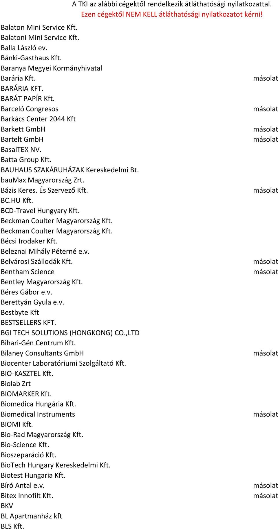 HU Kft. BCD-Travel Hungyary Kft. Beckman Coulter Magyarország Kft. Beckman Coulter Magyarország Kft. Bécsi Irodaker Kft. Beleznai Mihály Péterné e.v. Belvárosi Szállodák Kft.