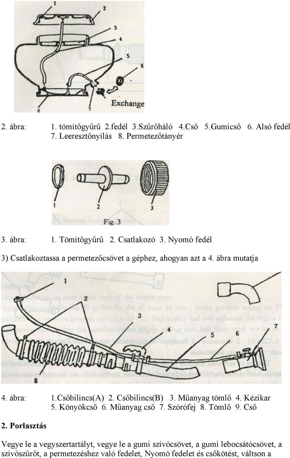 Csőbilincs(B) 3. Műanyag tömlő 4. Kézikar 5. Könyökcső 6. Műanyag cső 7. Szórófej 8. Tömlő 9. Cső 2.