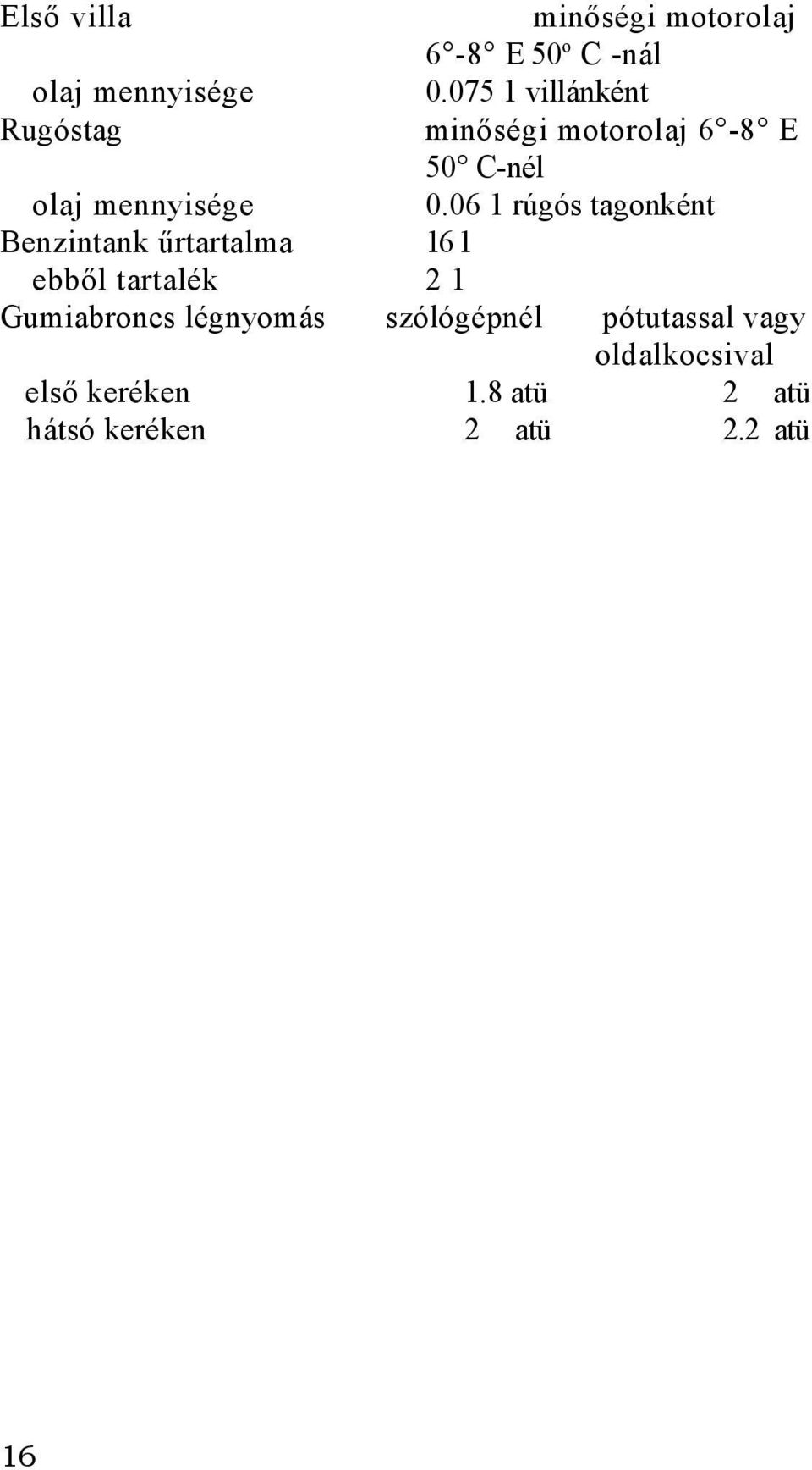 6-8 E 50o C -nál 0.075 1 villánként minőségi motorolaj 6-8 E 50 C-nél 0.