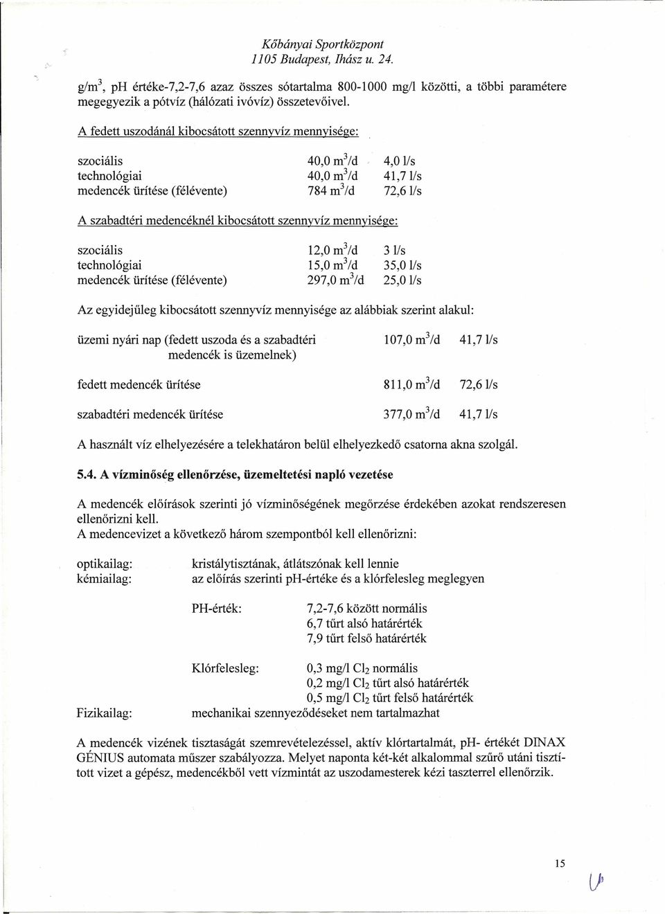 kibocsátott szennyvíz mennyisége: szociális technológiai medencék ürítése (félévente) 12,0 m 3 /d 15,0 m 3 /d 297,0 m 3 /d 3 Ils 35,0 lis 25,0 Ils Az egyidejűleg kibocsátott szennyvíz mennyisége az