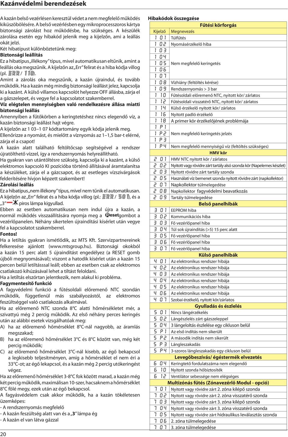 Két hibatípust különböztetünk meg: Biztonsági leállítás Ez a hibatípus illékony típus, mivel automatikusan eltűnik, amint a leállás oka megszűnik. A kijelzőn az Err felirat és a hiba kódja villog (pl.