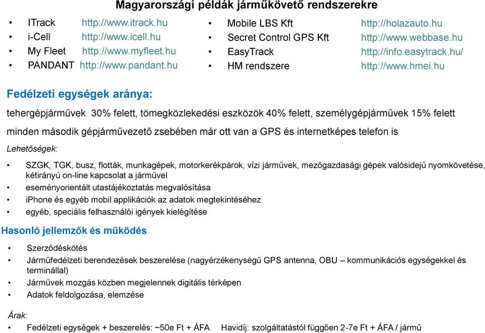 hu Fedélzeti egységek aránya: tehergépjárművek 30% felett, tömegközlekedési eszközök 40% felett, személygépjárművek 15% felett minden második gépjárművezető zsebében már ott van a GPS és