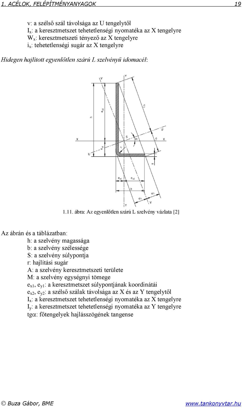 ábra: Az egyenlőtlen szárú L szelvény vázlata [2] Az ábrán és a táblázatban: h: a szelvény magassága b: a szelvény szélessége S: a szelvény súlypontja r: hajlítási sugár A: a szelvény keresztmetszeti