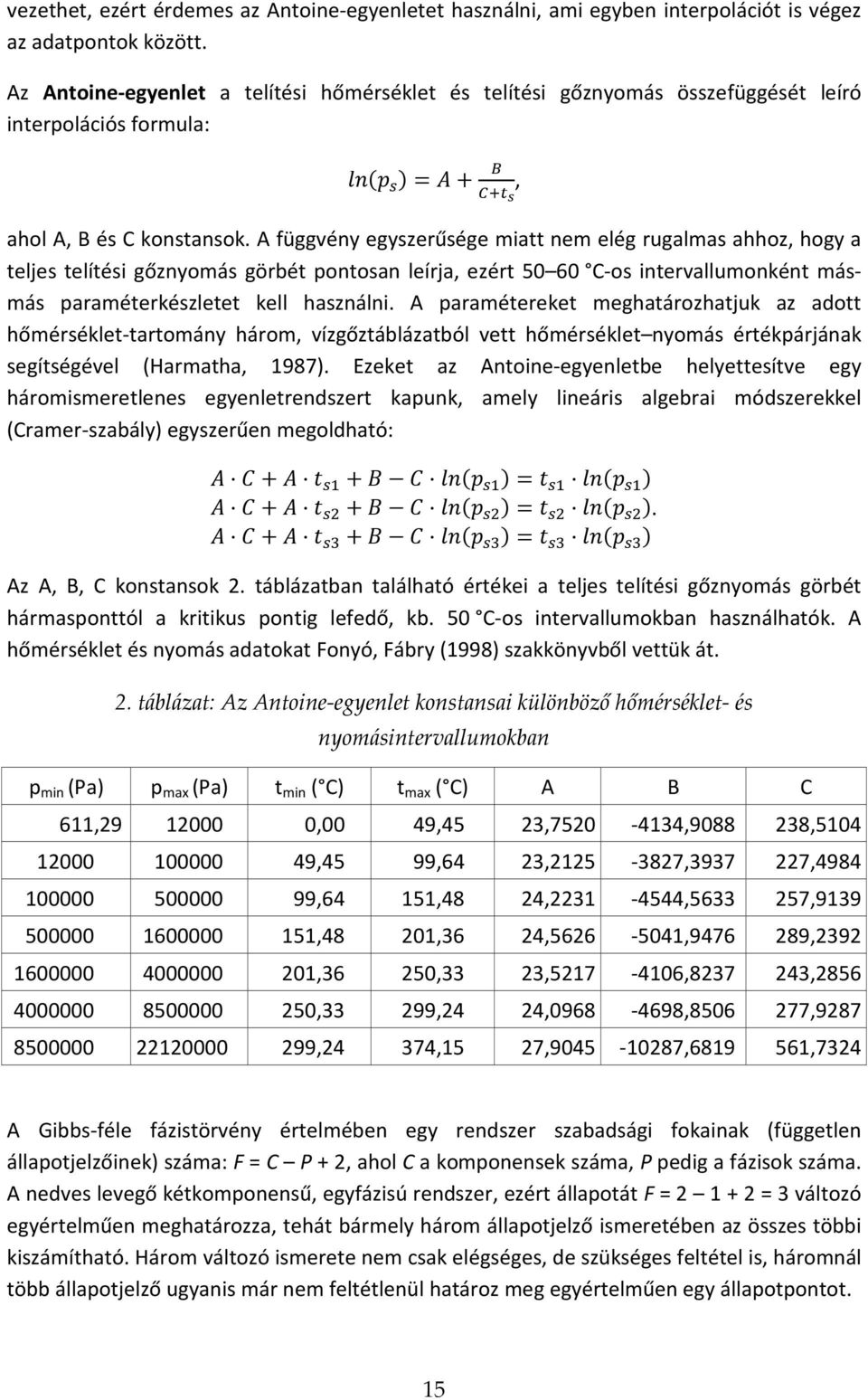 A függvény egyszerűsége miatt nem elég rugalmas ahhoz, hogy a teljes telítési gőznyomás görbét pontosan leírja, ezért 50 60 C-os intervallumonként másmás paraméterkészletet kell használni.