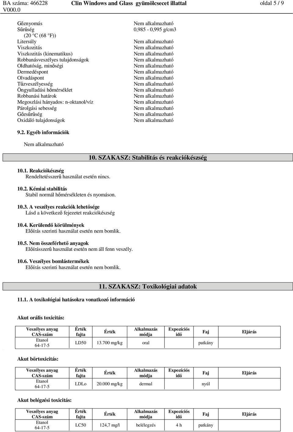 zveszélyesség Nem alkalmazható Öngyulladási h mérséklet Nem alkalmazható Robbanási határok Nem alkalmazható Megoszlási hányados: n-oktanol/víz Nem alkalmazható Párolgási sebesség Nem alkalmazható zs