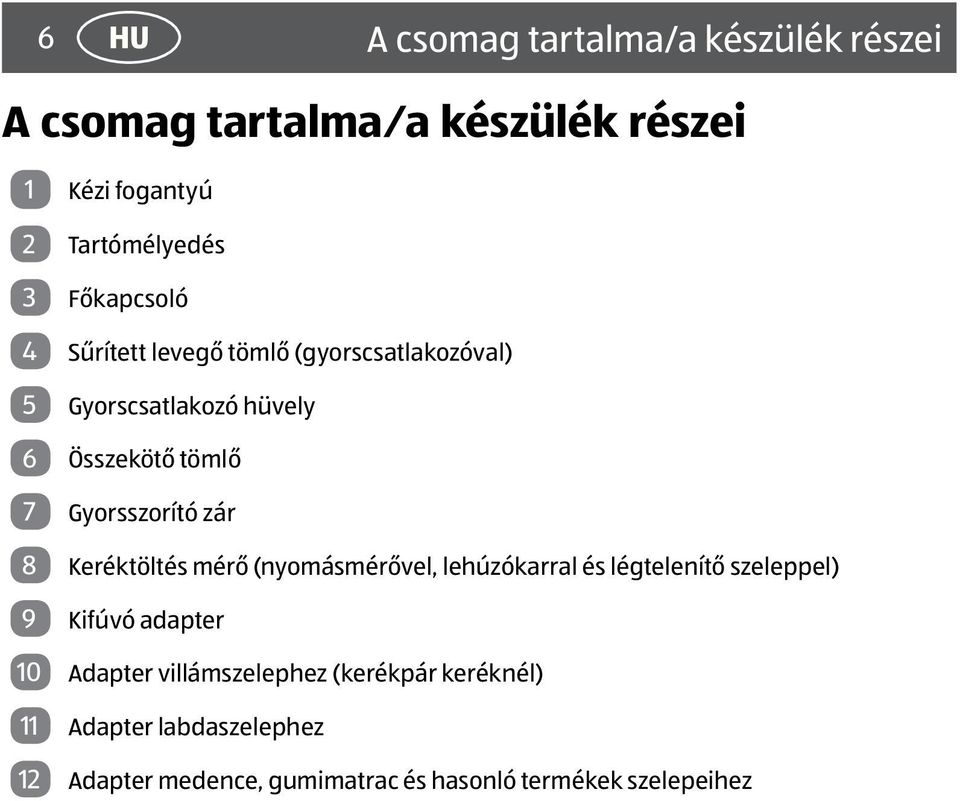 zár 8 Keréktöltés mérő (nyomásmérővel, lehúzókarral és légtelenítő szeleppel) 9 Kifúvó adapter 10 Adapter