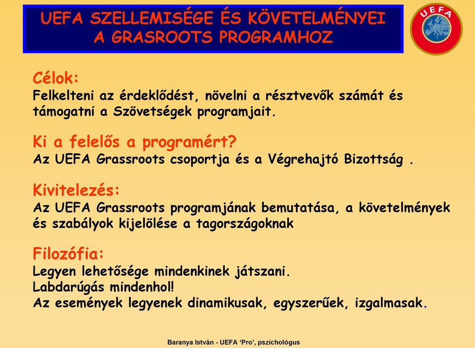 Kivitelezés: Az UEFA Grassroots programjának bemutatása, a követelmények és szabályok kijelölése a tagországoknak