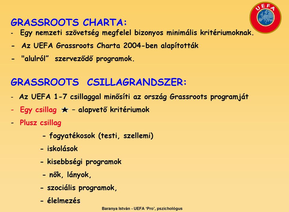 GRASSROOTS CSILLAGRANDSZER: - Az UEFA 1-7 csillaggal minősíti az ország Grassroots programját - Egy csillag