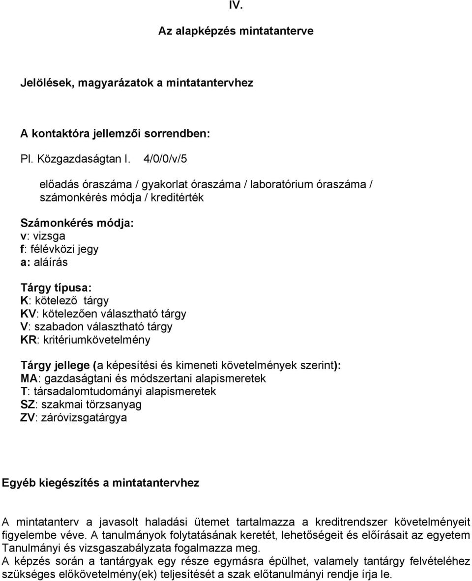 kötelezően választható tárgy V: szabadon választható tárgy KR: kritériumkövetelmény Tárgy jellege (a képesítési és kimeneti követelmények szerint): MA: gazdaságtani és módszertani alapismeretek T: