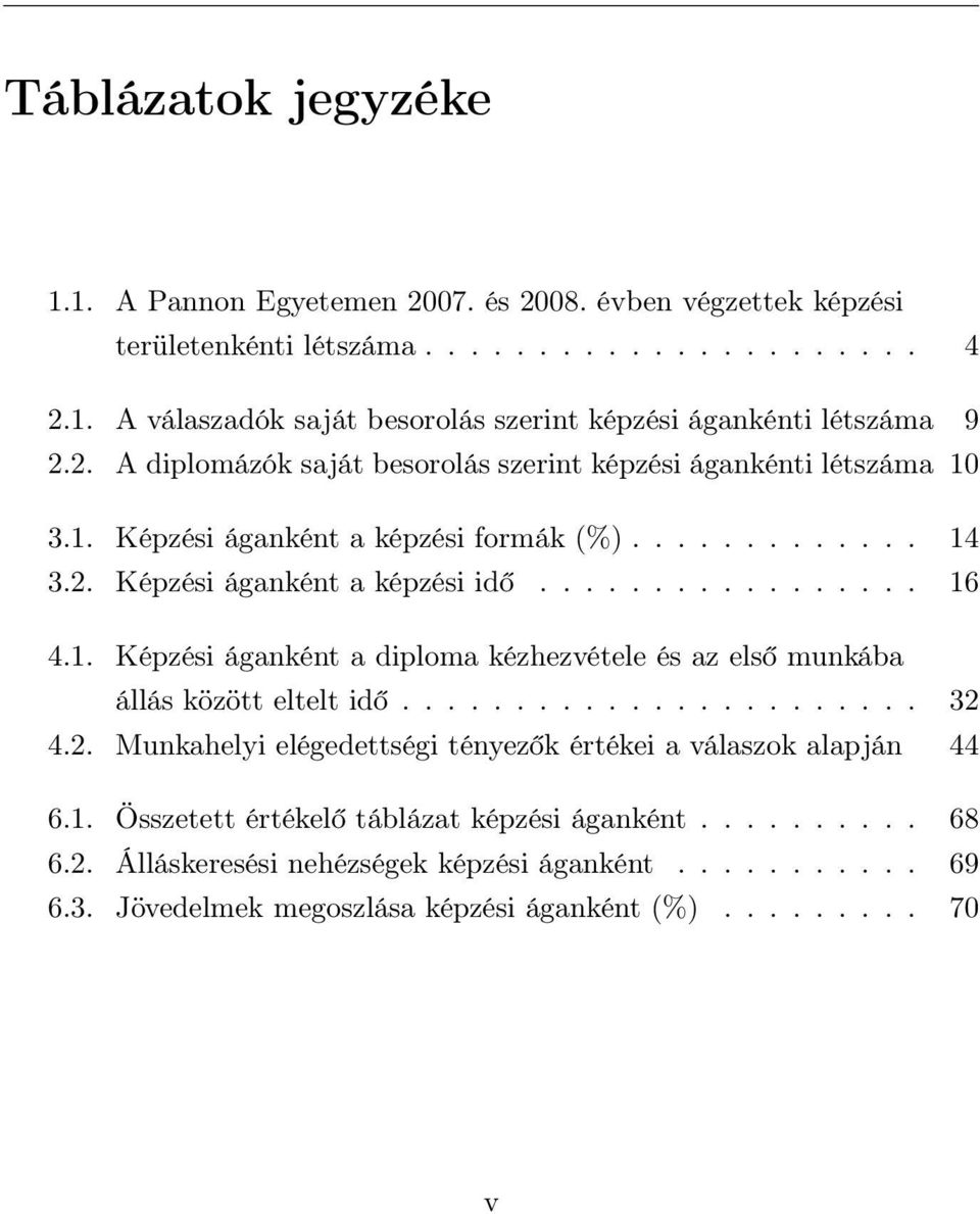 ...................... 32 4.2. Munkahelyi elégedettségi tényezők értékei a válaszok alapján 44 6.1. Összetett értékelő táblázat képzési áganként.......... 68 6.2. Álláskeresési nehézségek képzési áganként.