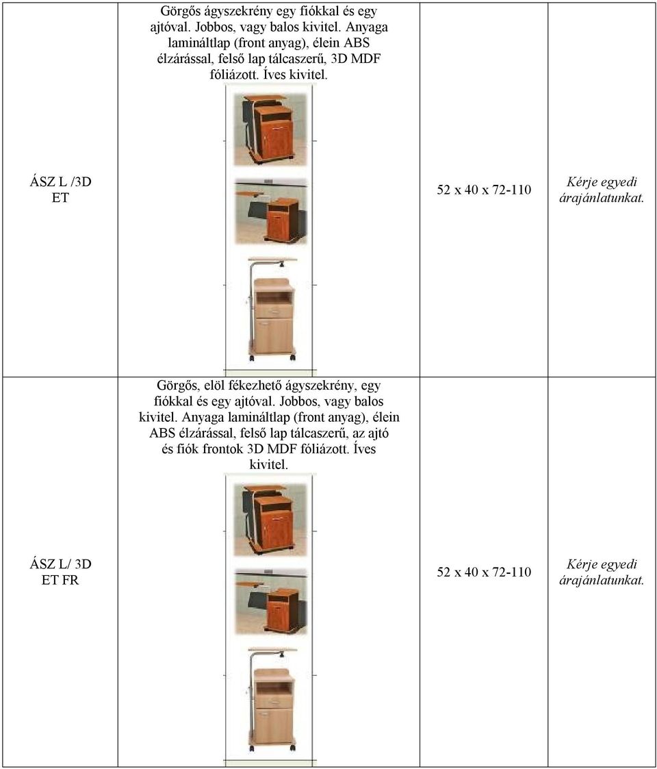 ÁSZ L /3D ET 52 x 40 x 72-110 Görgős, elöl fékezhető ágyszekrény, egy fiókkal és egy ajtóval.