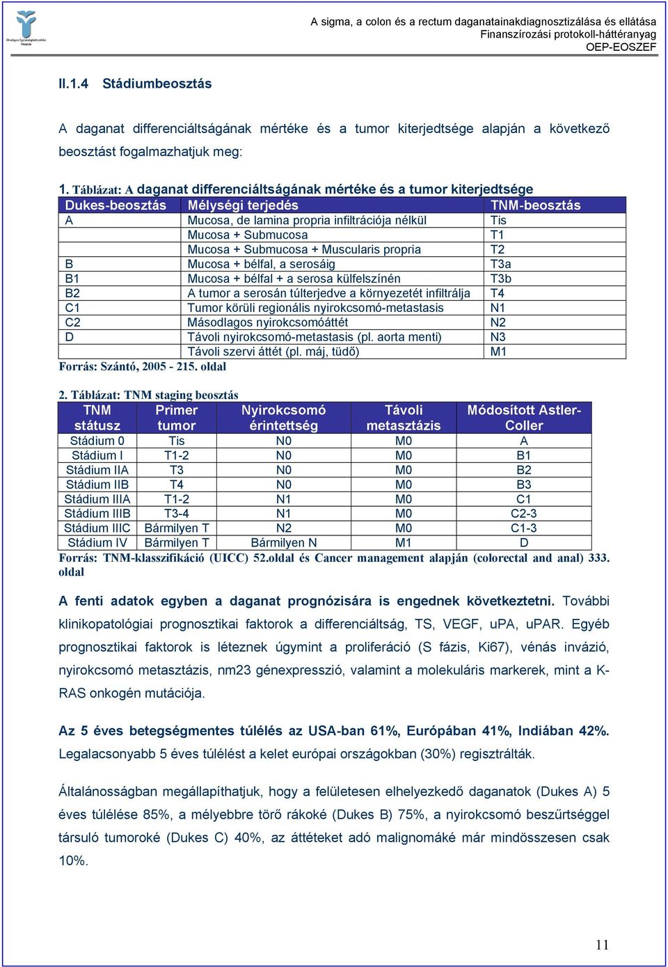 Mucosa + Submucosa + Muscularis propria T2 B Mucosa + bélfal, a serosáig T3a B1 Mucosa + bélfal + a serosa külfelszínén T3b B2 A tumor a serosán túlterjedve a környezetét infiltrálja T4 C1 Tumor