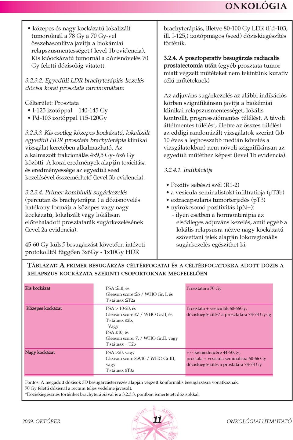 3.2. Egyedüli LDR brachyterápiás kezelés dózisa korai prosztata carcinomában: Célterület: Prosztata I-125 izotóppal: 140-145 Gy Pd-103 izotóppal 115-120Gy 3.2.3.3. Kis esetleg közepes kockázatú, lokalizált egyedüli HDR prosztata brachyterápia klinikai vizsgálat keretében alkalmazható.