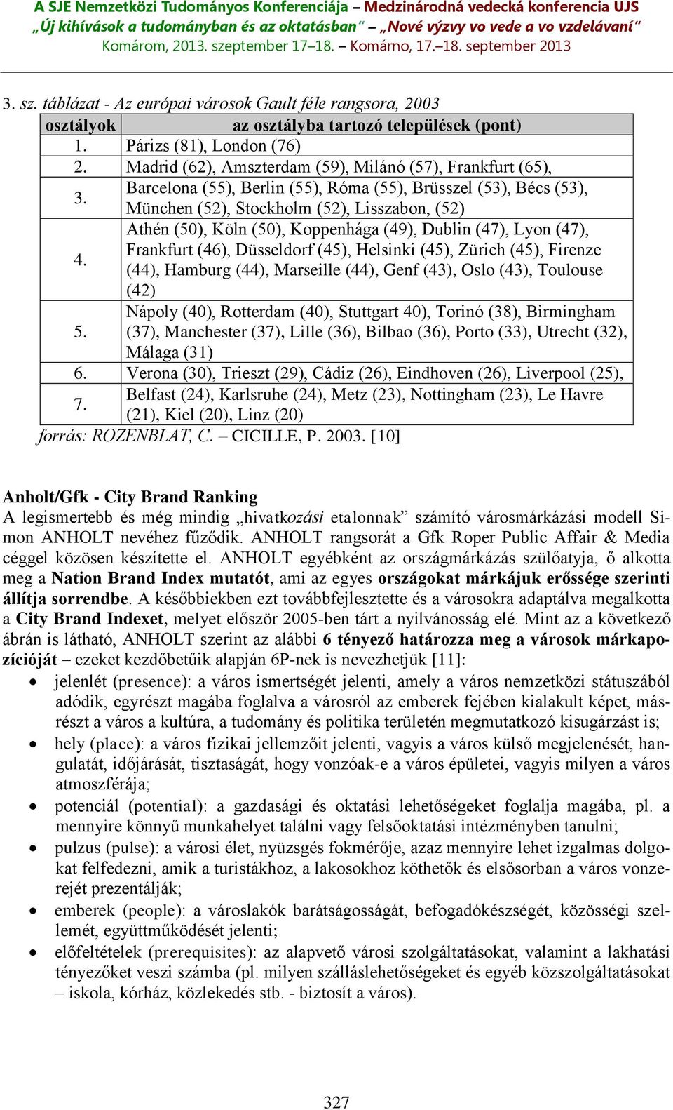 München (52), Stockholm (52), Lisszabon, (52) Athén (50), Köln (50), Koppenhága (49), Dublin (47), Lyon (47), Frankfurt (46), Düsseldorf (45), Helsinki (45), Zürich (45), Firenze 4.