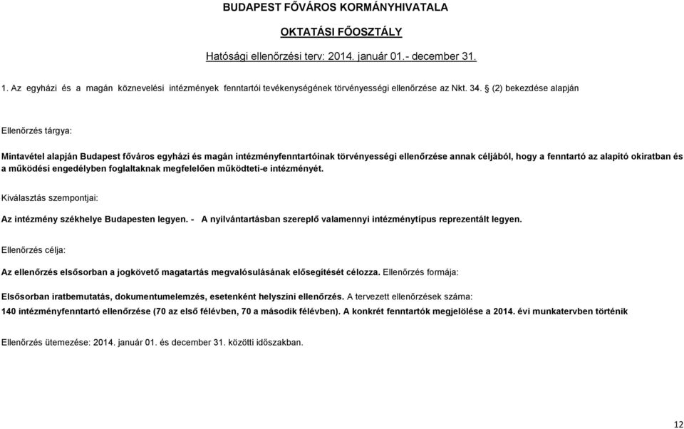 (2) bekezdése alapján Ellenőrzés tárgya: Mintavétel alapján Budapest főváros egyházi és magán intézményfenntartóinak törvényességi ellenőrzése annak céljából, hogy a fenntartó az alapító okiratban és