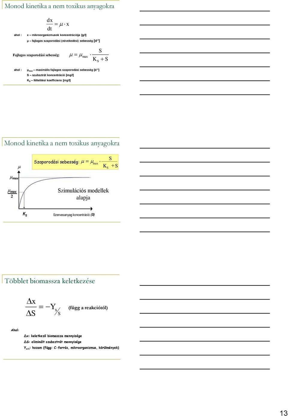 Monod kinetika a nem toxikus anyagokra Szaporodási sebesség: max S K S S max max 2 Szimulációs modellek alapja K S Szervesanyag koncentráció (S) Többlet biomassza