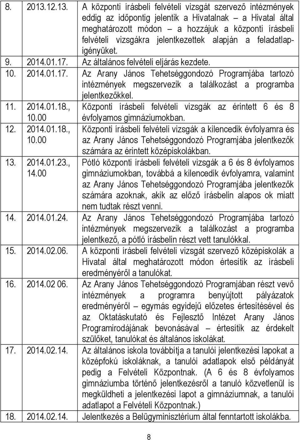 A központi írásbeli felvételi vizsgát szervező intézmények eddig az időpontig jelentik a Hivatalnak a Hivatal által meghatározott módon a hozzájuk a központi írásbeli felvételi vizsgákra