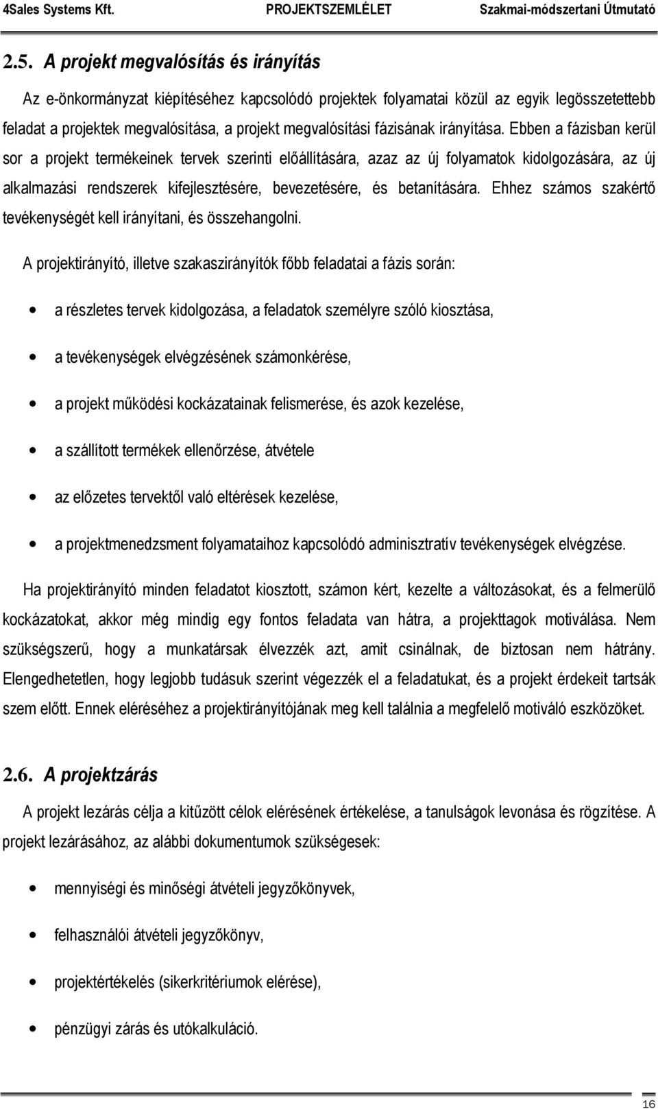 Ebben a fázisban kerül sor a projekt termékeinek tervek szerinti előállítására, azaz az új folyamatok kidolgozására, az új alkalmazási rendszerek kifejlesztésére, bevezetésére, és betanítására.