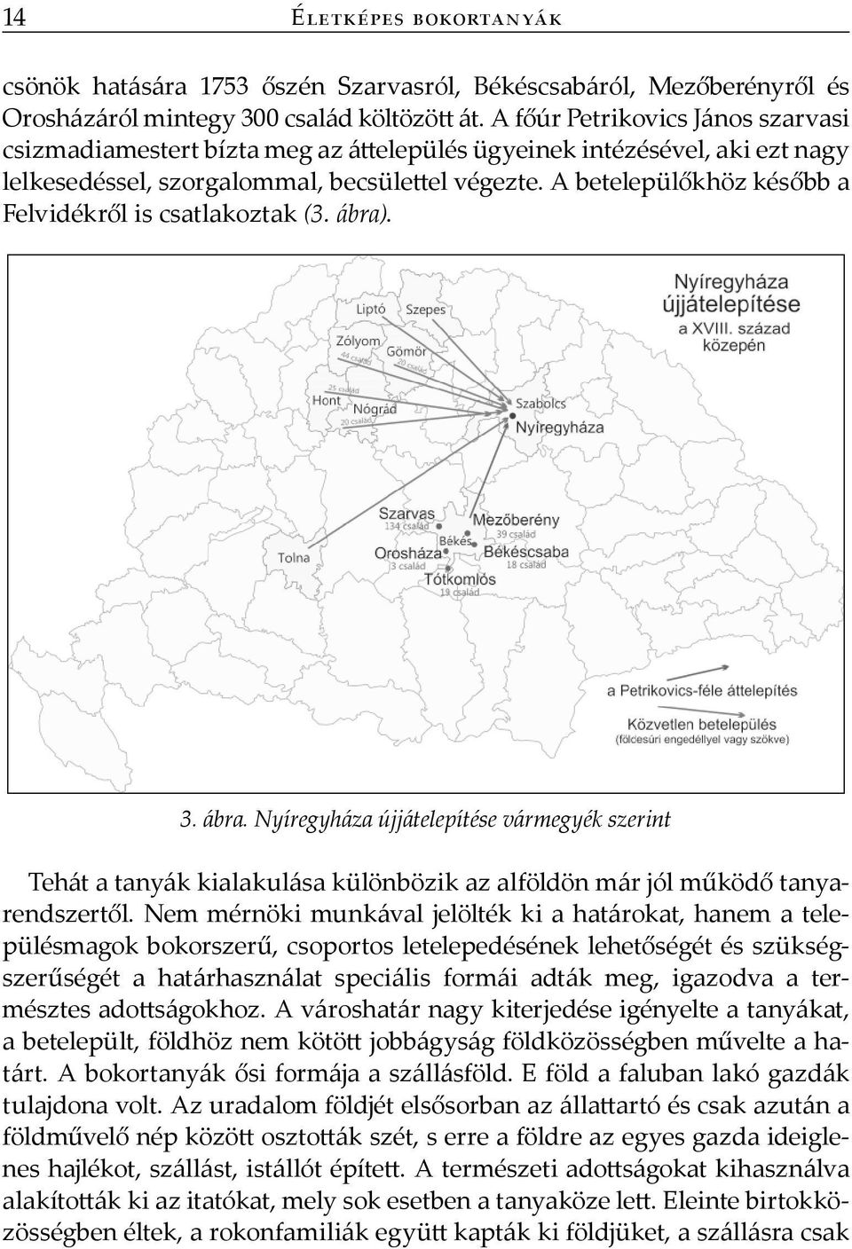 A betelepülőkhöz később a Felvidékről is csatlakoztak (3. ábra). 3. ábra. Nyíregyháza újjátelepítése vármegyék szerint Tehát a tanyák kiala kulása különbözik az alföldön már jól működő tanyarendszertől.