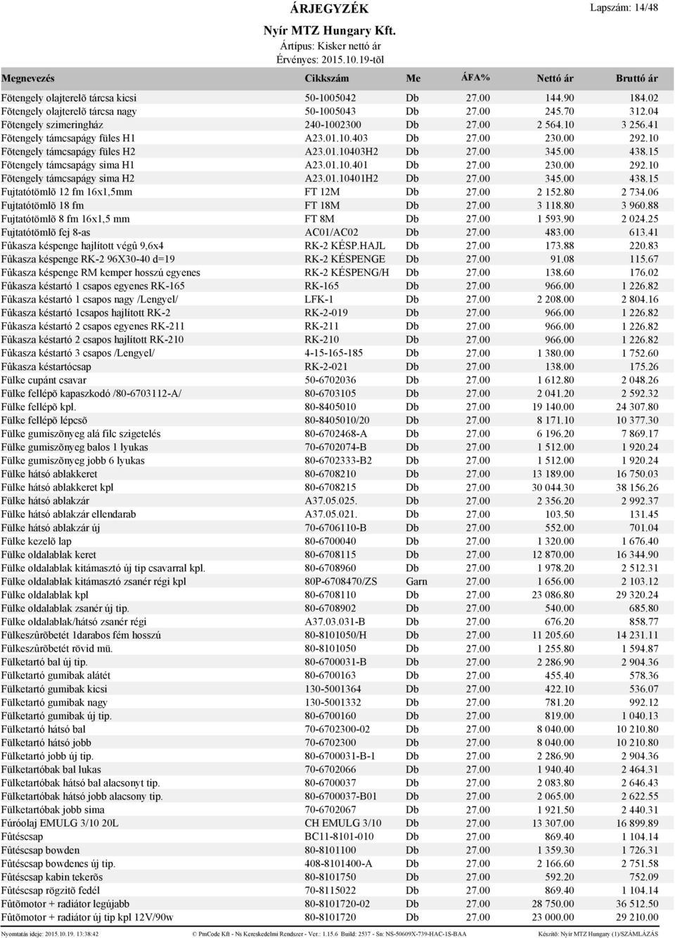 00 230.00 292.10 Fõtengely támcsapágy sima H2 A23.01.10401H2 Db 27.00 345.00 438.15 Fujtatótömlõ 12 fm 16x1,5mm FT 12M Db 27.00 2 152.80 2 734.06 Fujtatótömlõ 18 fm FT 18M Db 27.00 3 118.80 3 960.