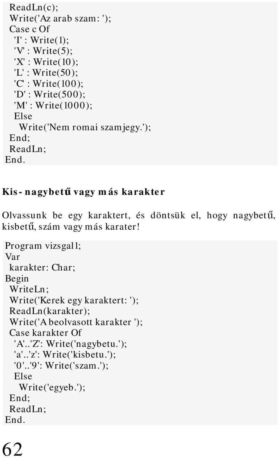 Kis- nagybetű vagy más karakter Olvassunk be egy karaktert, és döntsük el, hogy nagybetű, kisbetű, szám vagy más karater!