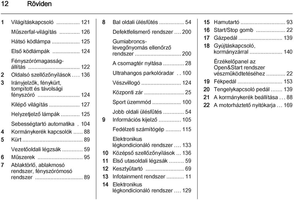 .. 89 Vezetőoldali légzsák... 59 6 Műszerek... 95 7 Ablaktörlő, ablakmosó rendszer, fényszórómosó rendszer... 89 8 Bal oldali ülésfűtés... 54 Defektfelismerő rendszer.