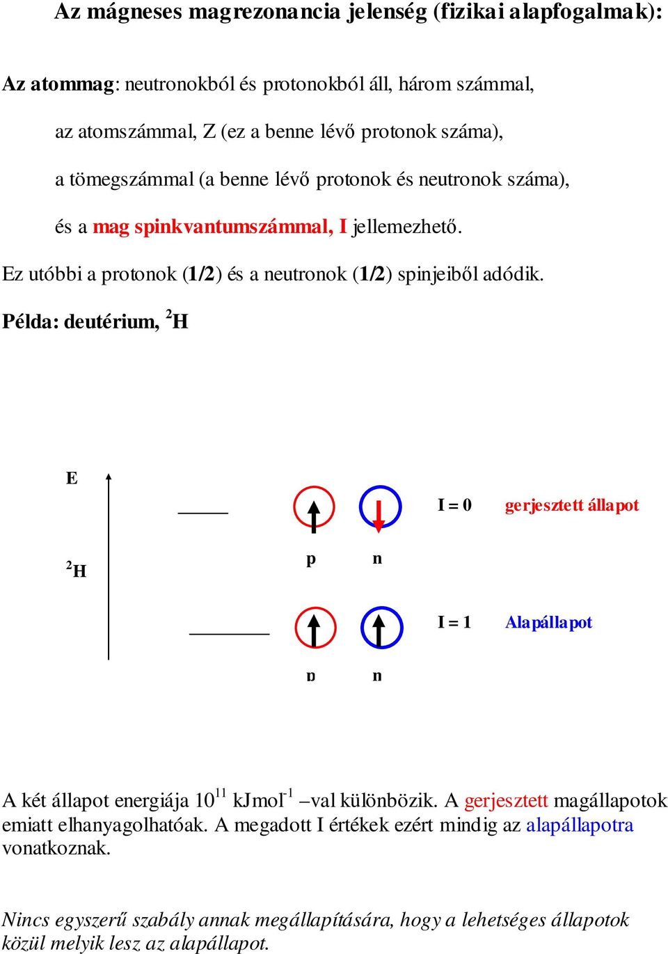 Példa: deutérium, 2 E I = 0 gerjesztett állapot 2 p n I = 1 Alapállapot p n A két állapot energiája 10 11 kjmol -1 val különbözik.