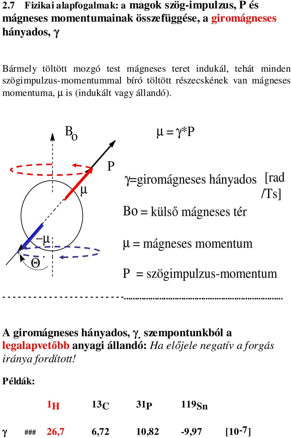 B o µ = γ *P µ P γ =giromágneses hányados Βο = külső mágneses tér [rad /Ts] Θ µ µ = mágneses momentum P = szögimpulzus-momentum - - - - - - - - - - - - - - - -