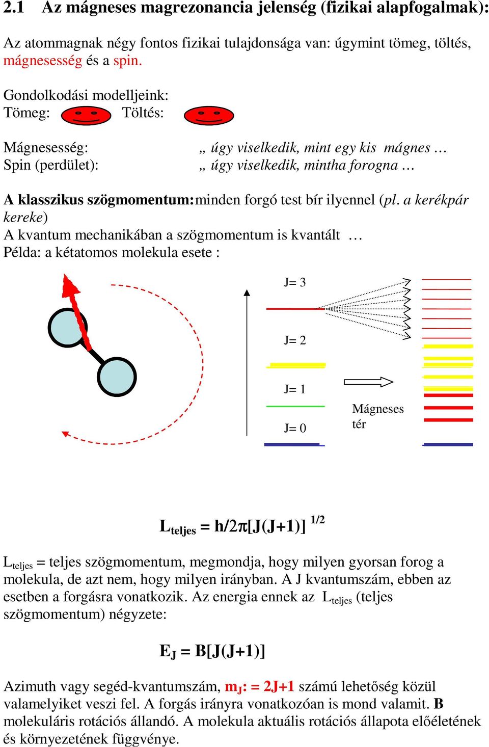 a kerékpár kereke) A kvantum mechanikában a szögmomentum is kvantált Példa: a kétatomos molekula esete : J= 3 J= 2 J= 1 J= 0 Mágneses tér L teljes = h/2π 2π[J(J+1)] 1/2 L teljes = teljes