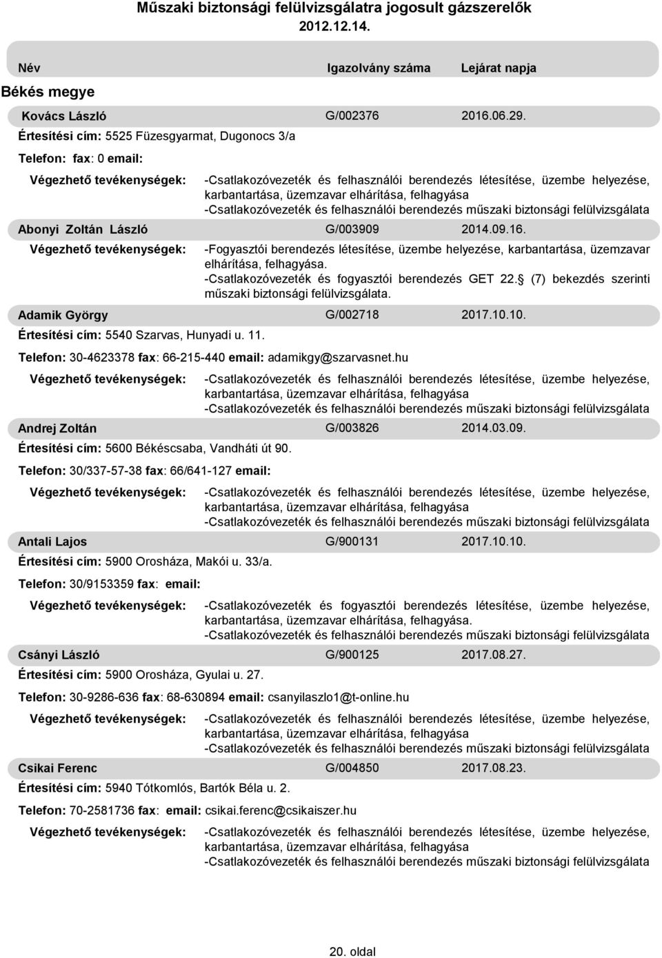 06.29. 2014.09.16. -Fogyasztói berendezés létesítése, üzembe helyezése, karbantartása, üzemzavar. Telefon: 30-4623378 fax: 66-215-440 email: adamikgy@szarvasnet.