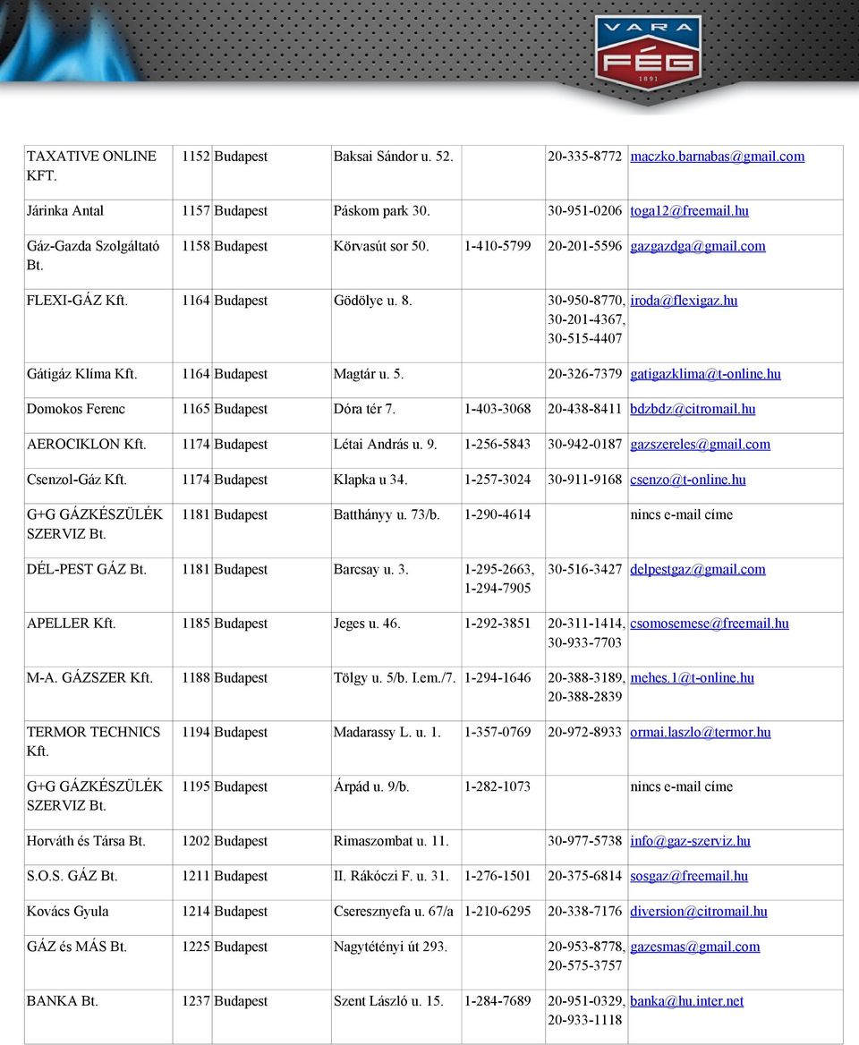 hu 30-201-4367, 30-515-4407 Gátigáz Klíma 1164 Budapest Magtár u. 5. 20-326-7379 gatigazklima@t-online.hu Domokos Ferenc 1165 Budapest Dóra tér 7. 1-403-3068 20-438-8411 bdzbdz@citromail.