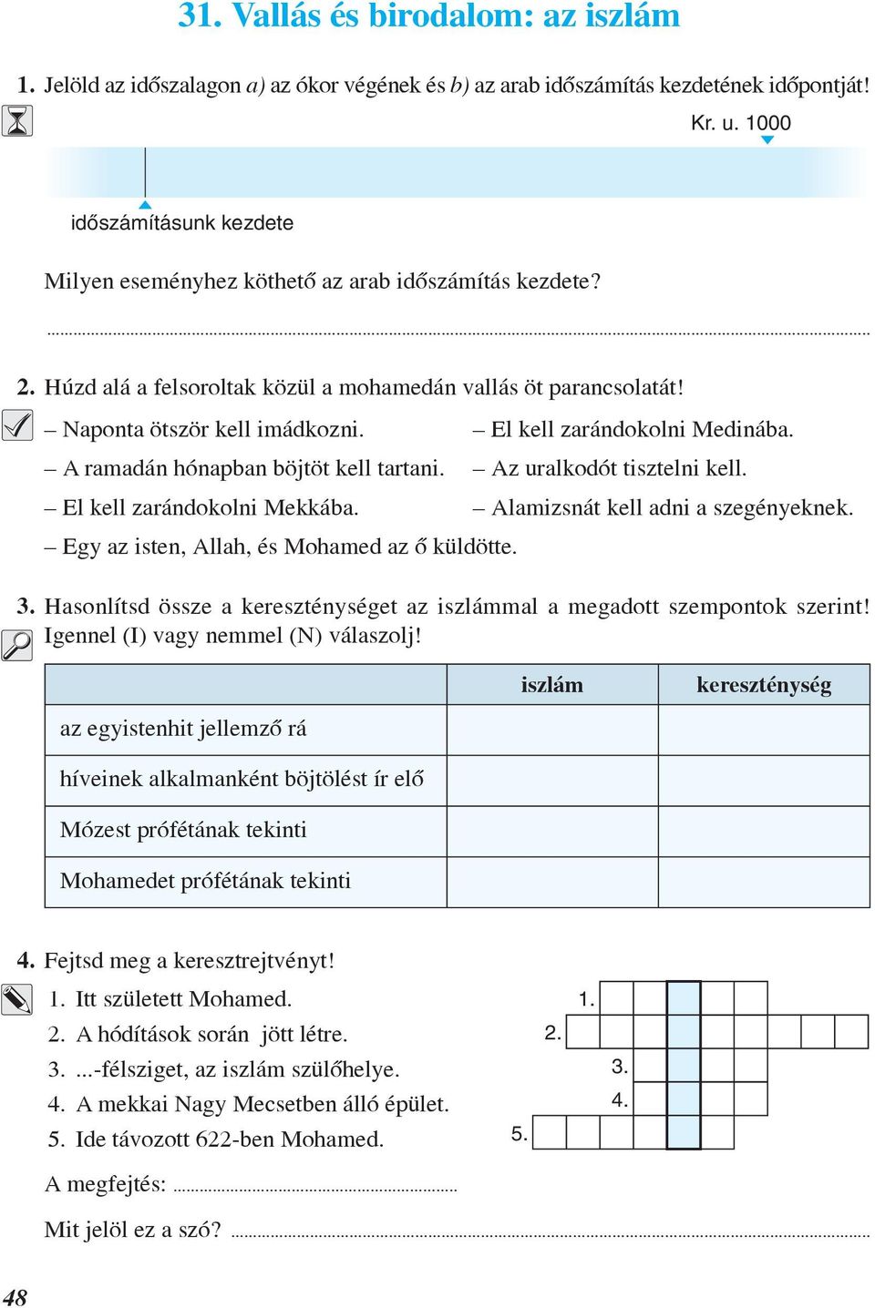 El kell zarándokolni Medinába. A ramadán hónapban böjtöt kell tartani. Az uralkodót tisztelni kell. El kell zarándokolni Mekkába. Alamizsnát kell adni a szegényeknek.