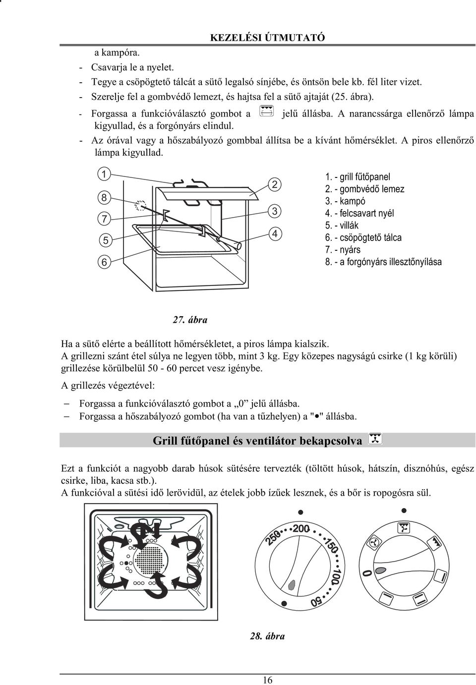 A piros ellenőrző lámpa kigyullad. 1 8 7 5 6 2 3 4 1. - grill fűtőpanel 2. - gombvédő lemez 3. - kampó 4. - felcsavart nyél 5. - villák 6. - csöpögtető tálca 7. - nyárs 8.