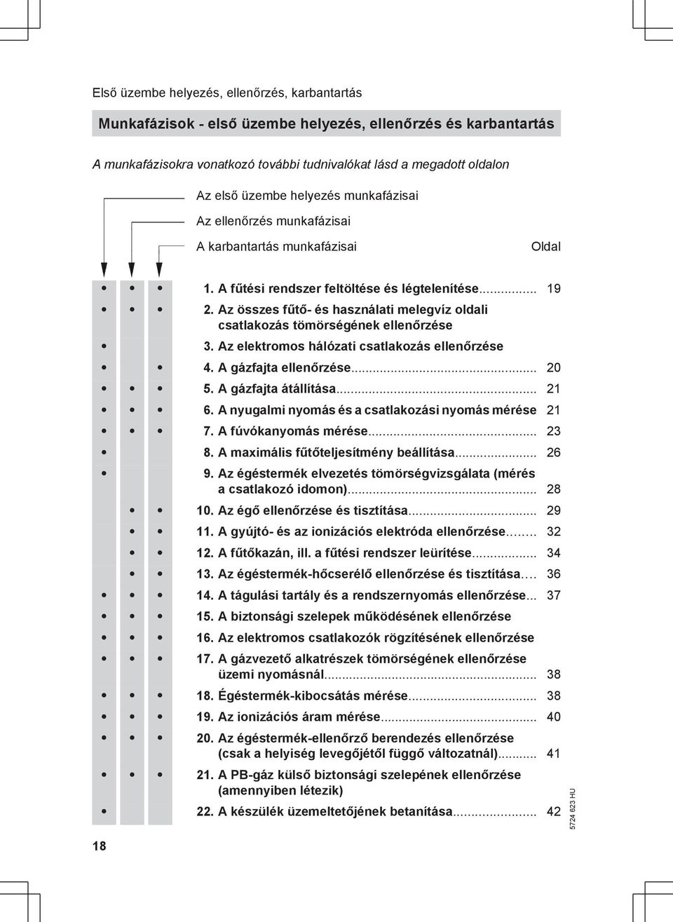 Az összes fűtő- és használati melegvíz oldali csatlakozás tömörségének ellenőrzése 3. Az elektromos hálózati csatlakozás ellenőrzése 4. A gázfajta ellenőrzése... 20 5. A gázfajta átállítása... 21 6.