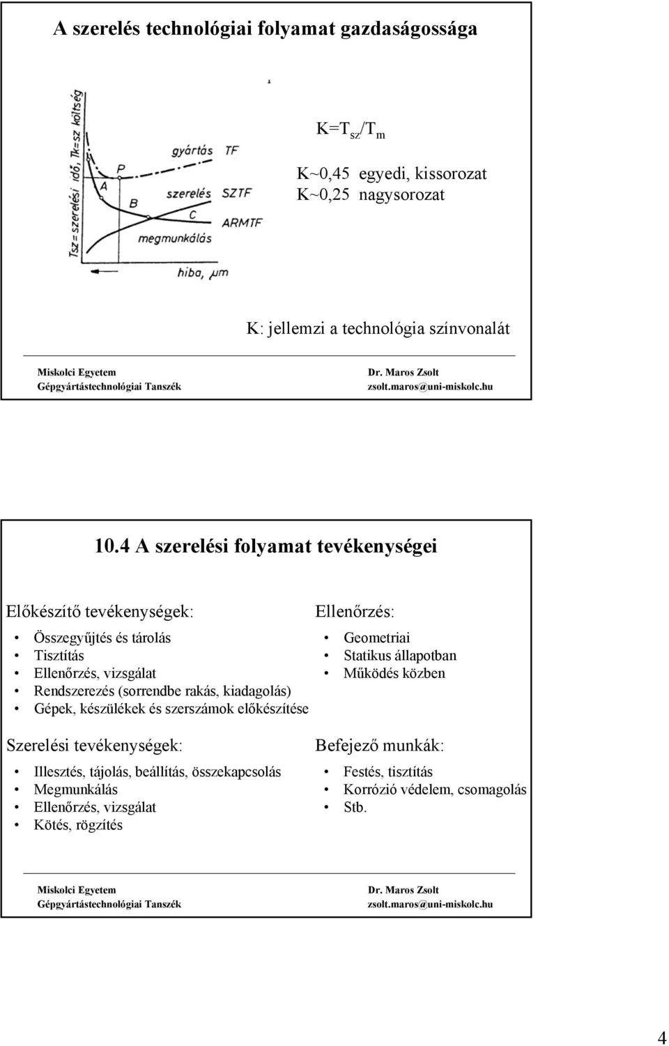 kiadagolás) Gépek, készülékek és szerszámok előkészítése Ellenőrzés: Geometriai Statikus állapotban Működés közben Szerelési tevékenységek: Illesztés,