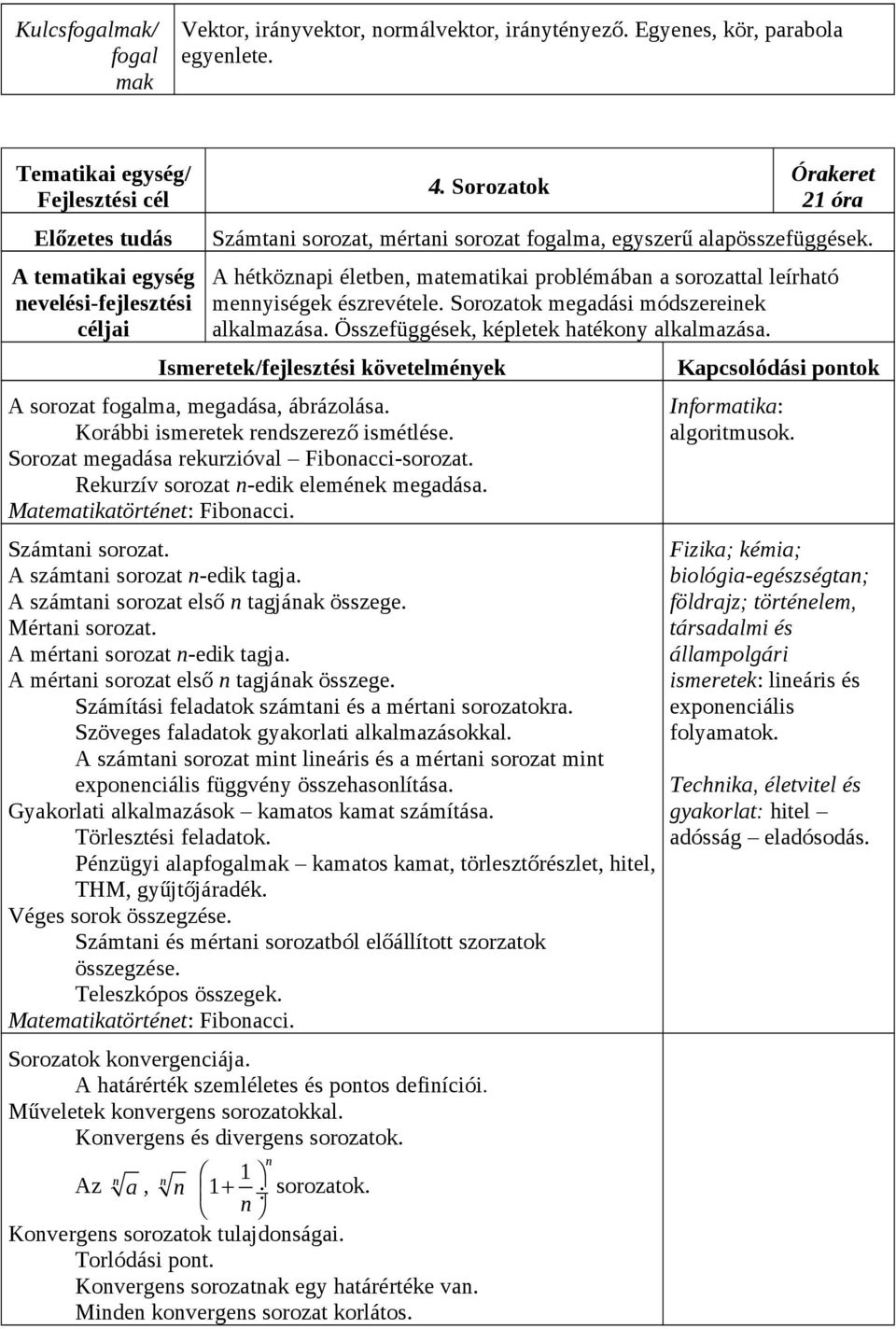 A sorozat fogalma, megadása, ábrázolása. Korábbi ismeretek rendszerező ismétlése. Sorozat megadása rekurzióval Fibonacci-sorozat. Rekurzív sorozat n-edik elemének megadása.